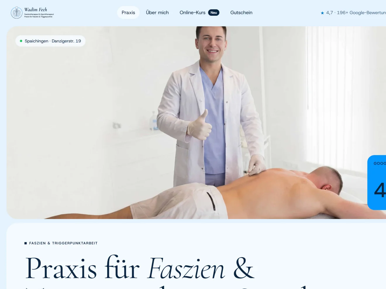 Startseite der Website der Faszienpraxis Fech mit Google-Bewertung im Hero