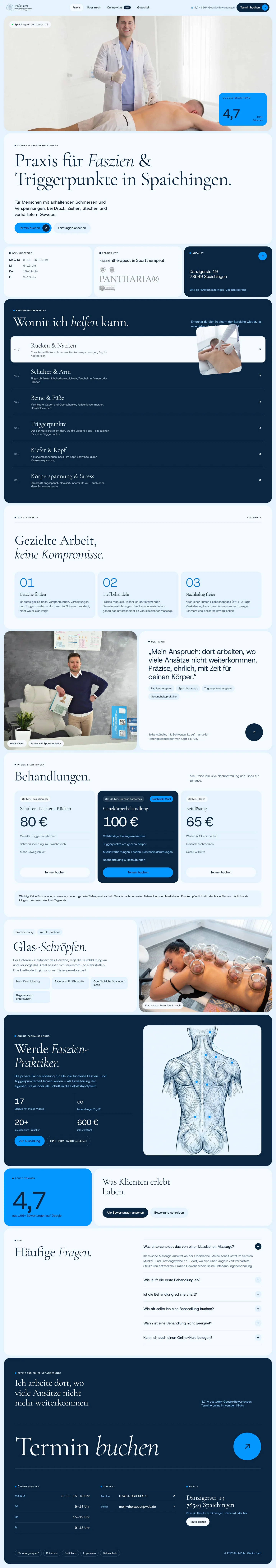 Die vollständige Startseite der Faszienpraxis Fech: Hero mit Bewertung, Behandlungsbereiche, Ablauf, Über mich, Preise, Glas-Schröpfen, Fachausbildung, Bewertungen, FAQ und Footer