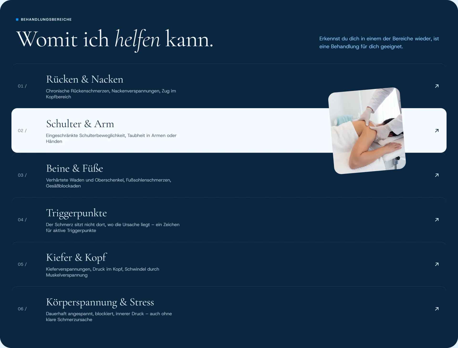 Liste der Behandlungsbereiche mit hervorgehobener Zeile und Foto