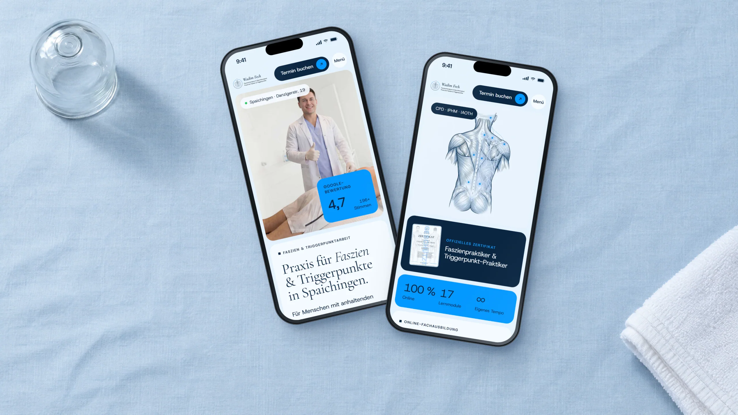Website der Faszienpraxis Fech auf zwei Smartphones