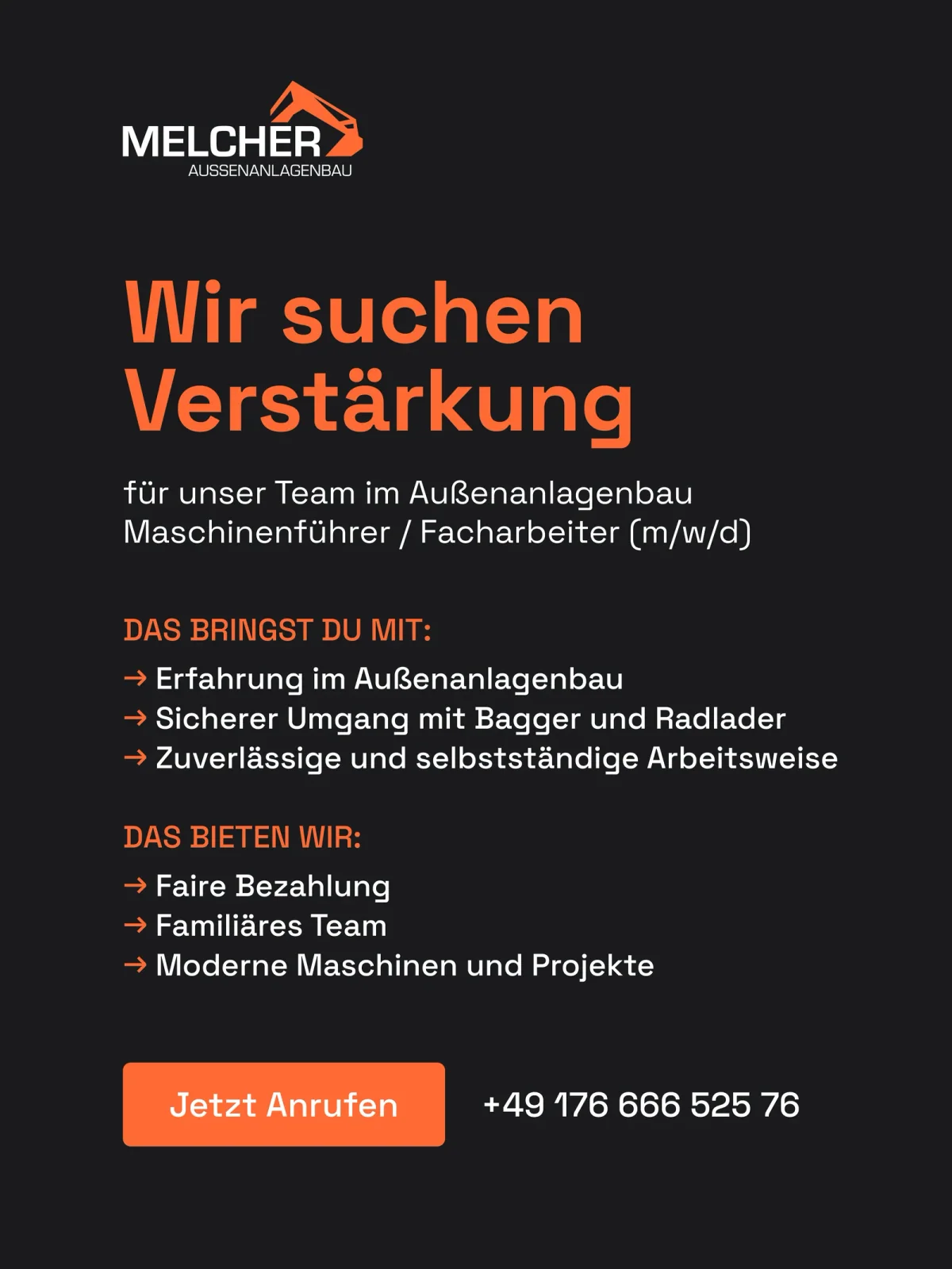 Stellenanzeige, Variante — Recruiting für Außenanlagenbau Melcher
