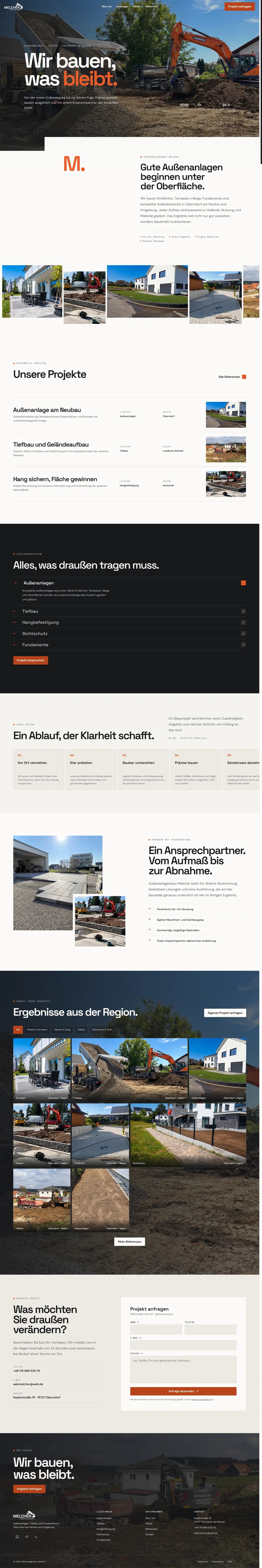 Die vollständige Startseite von Außenanlagenbau Melcher: Hero, Einstieg, Bildband, Projekte, Leistungen, Ablauf, Ansprechpartner, Referenzen, Kontakt und Abschluss