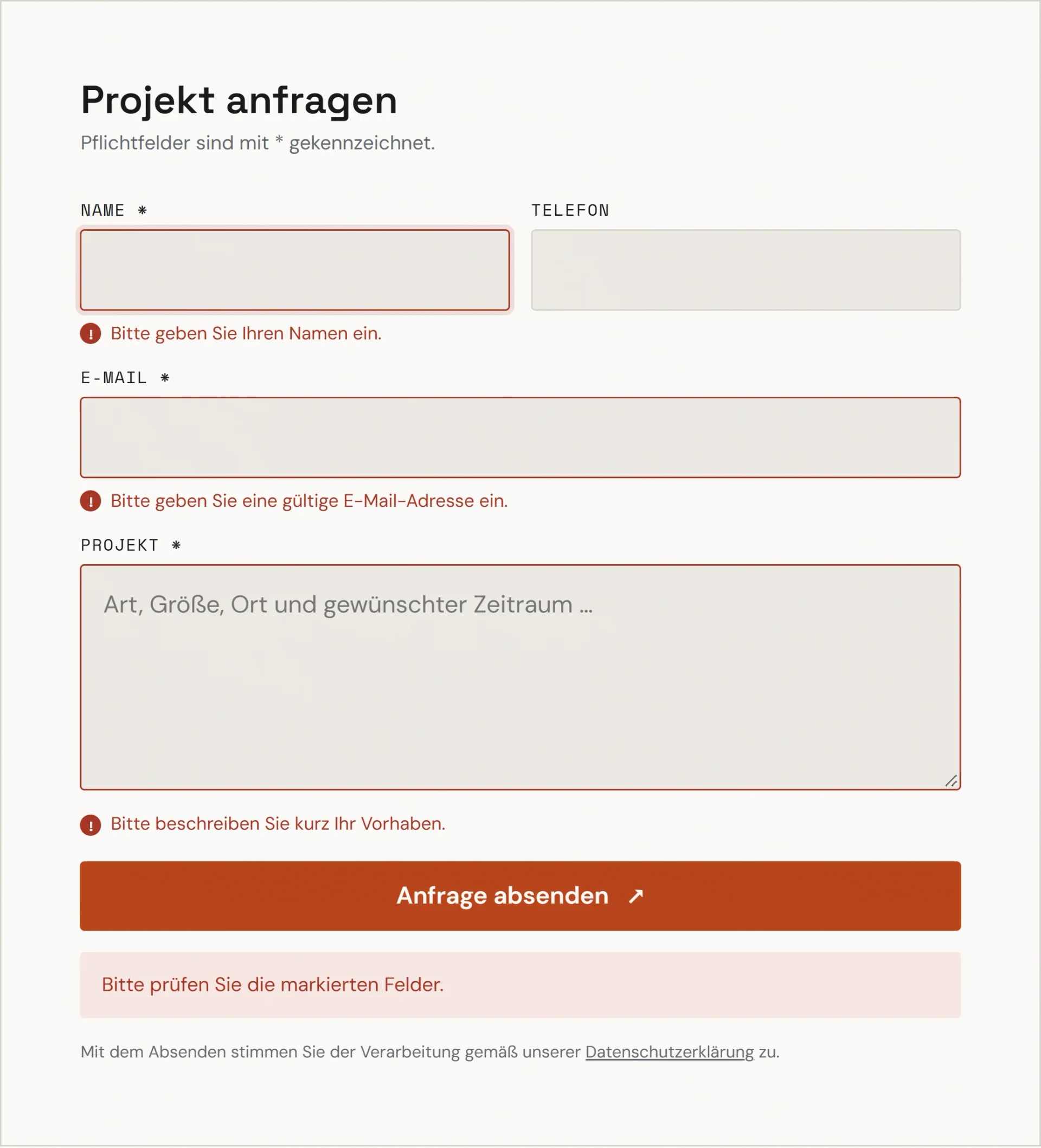 Anfrageformular mit markierten Pflichtfeldern