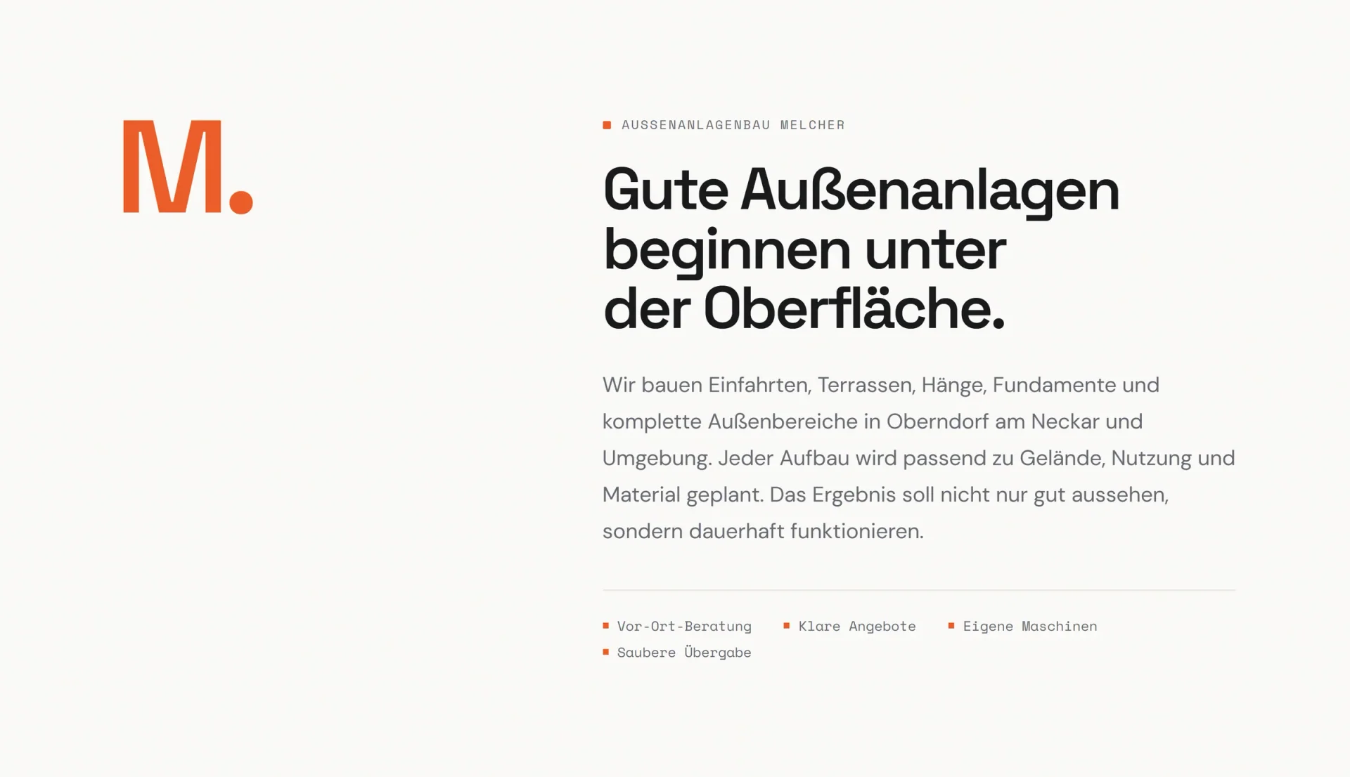 Einstiegskarte der Website mit orangem M-Monogramm