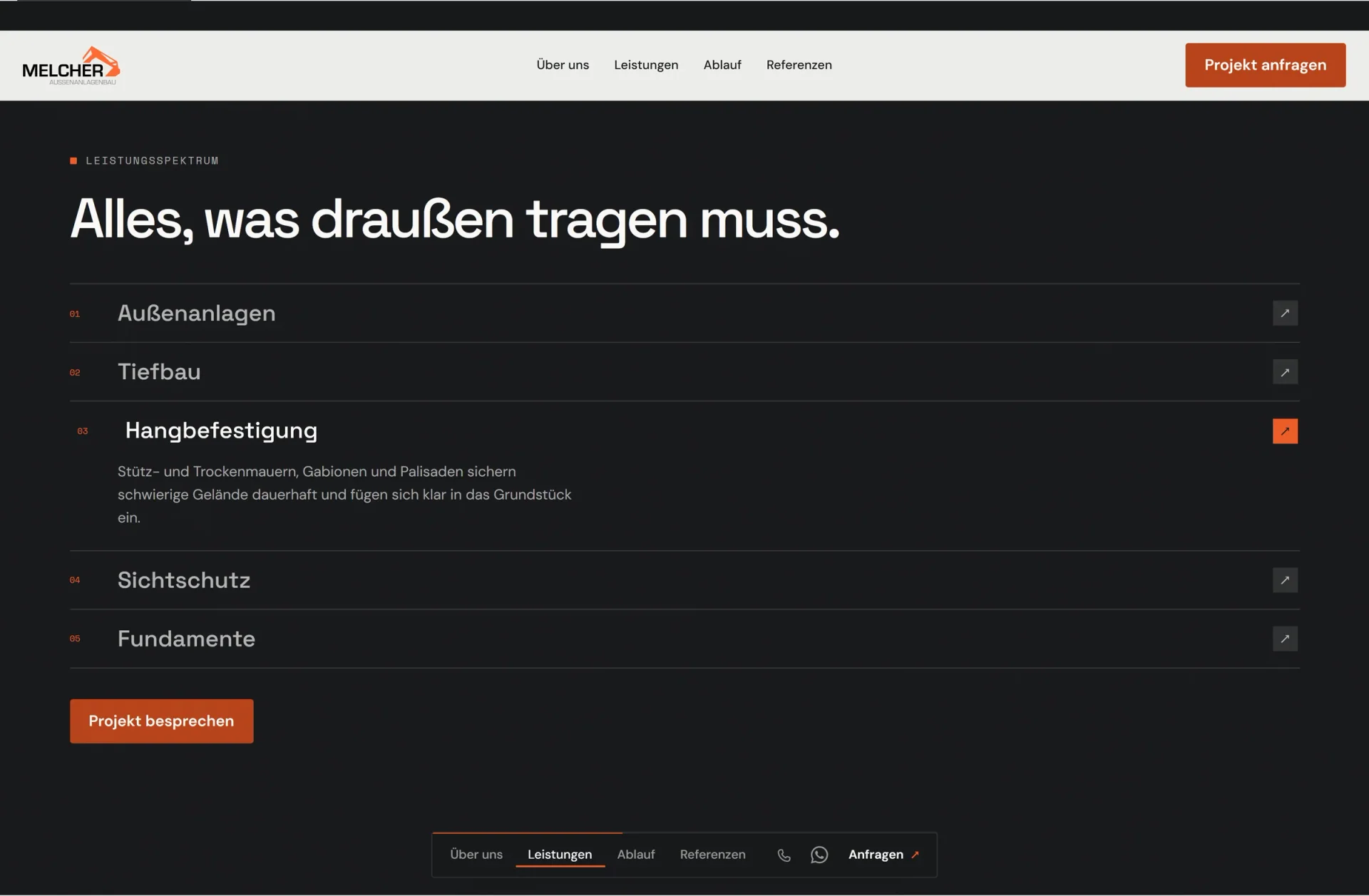 Leistungsbereich der Website mit geöffnetem Punkt Hangbefestigung