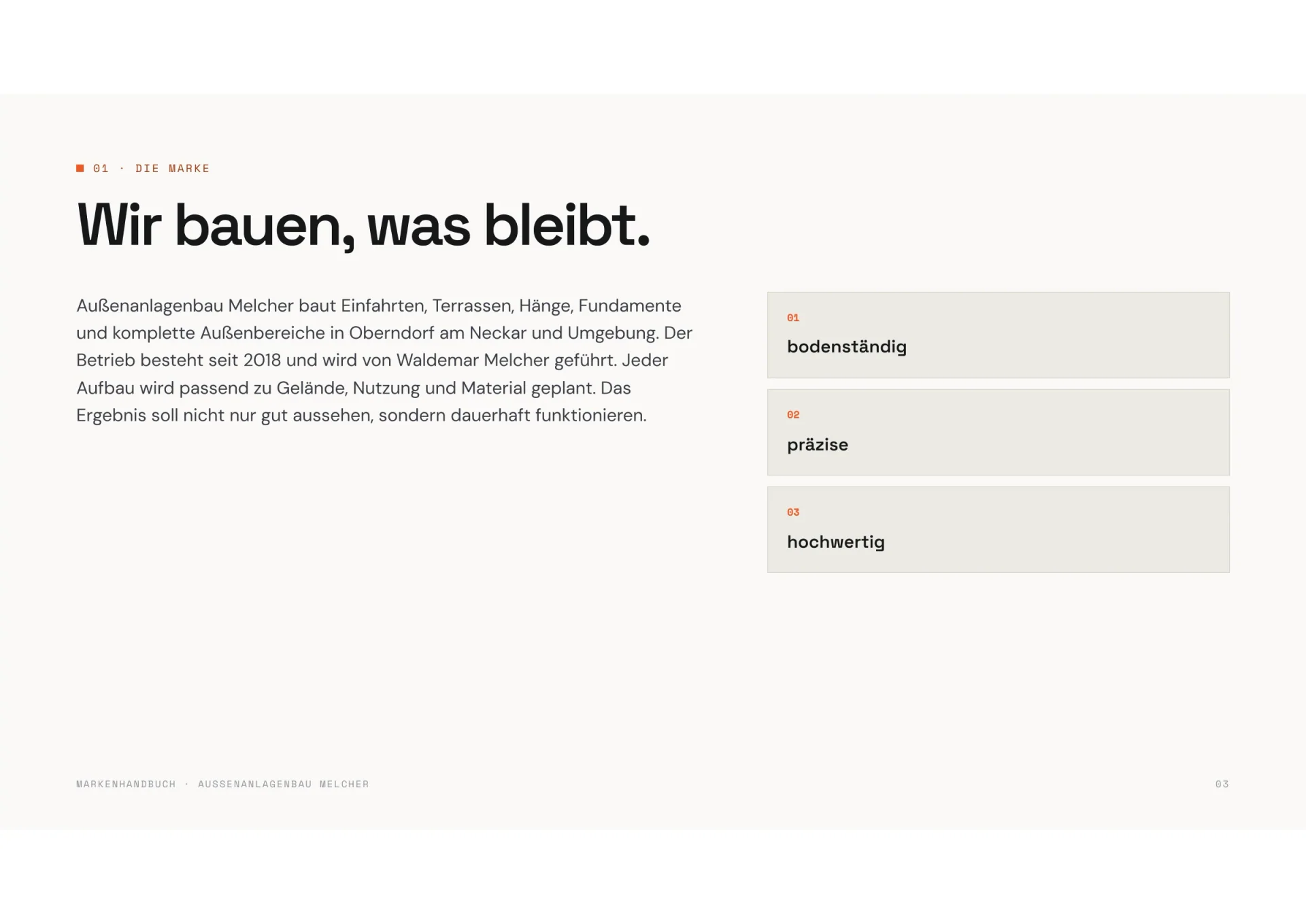 Markenhandbuch Außenanlagenbau Melcher, Seite 3: Wir bauen, was bleibt