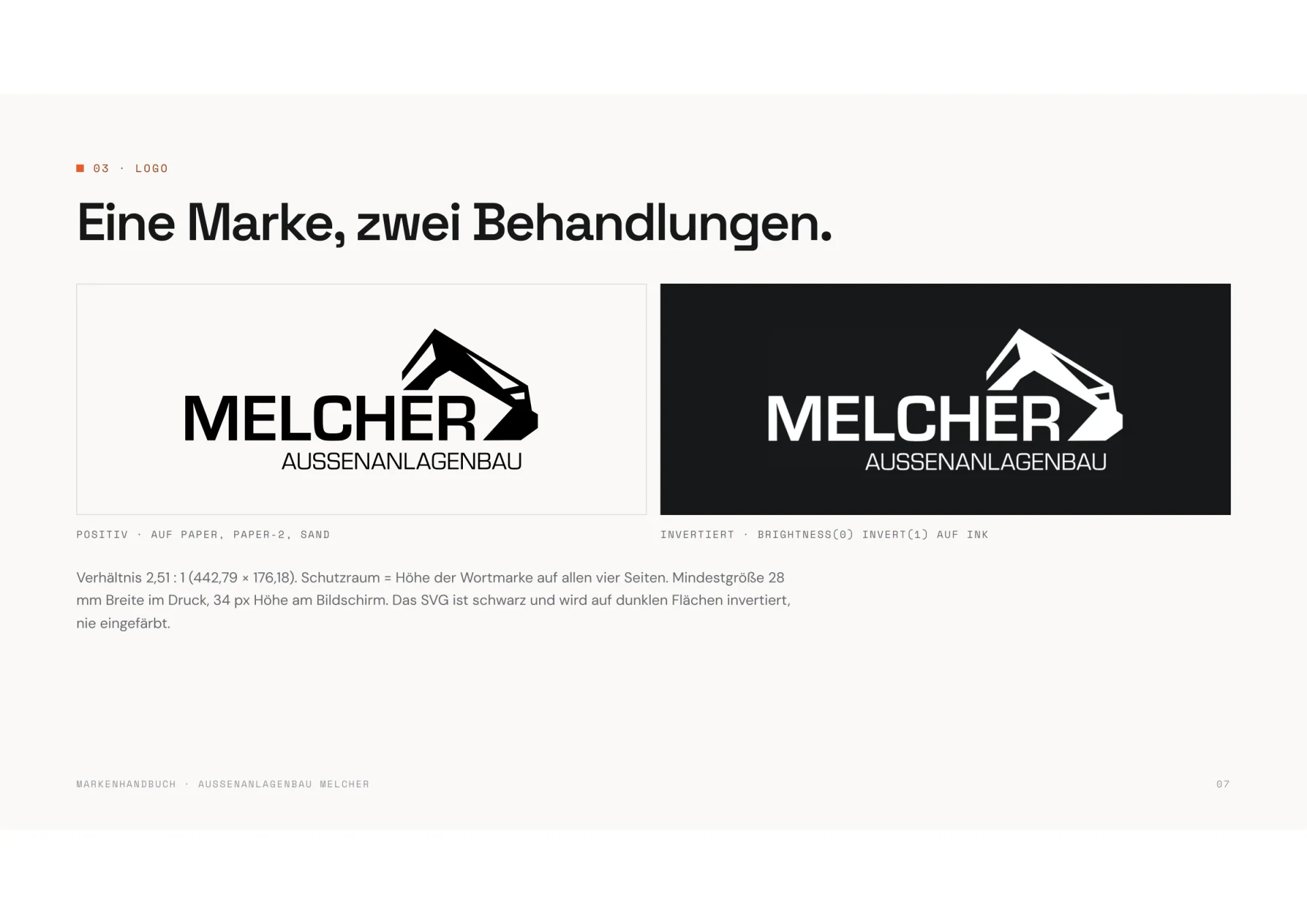 Markenhandbuch Außenanlagenbau Melcher, Seite 7: Logo, zwei Behandlungen