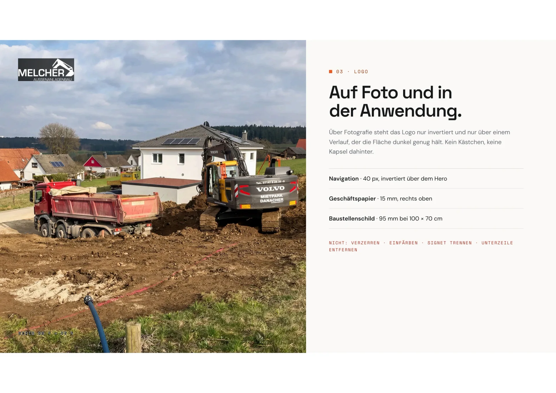 Markenhandbuch Außenanlagenbau Melcher, Seite 8: Logo auf Foto