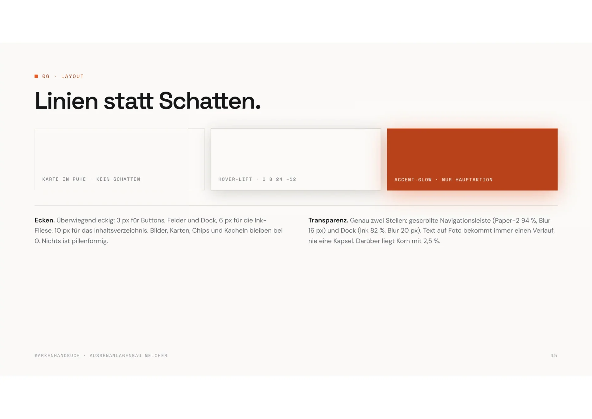 Markenhandbuch Außenanlagenbau Melcher, Seite 15: Linien statt Schatten