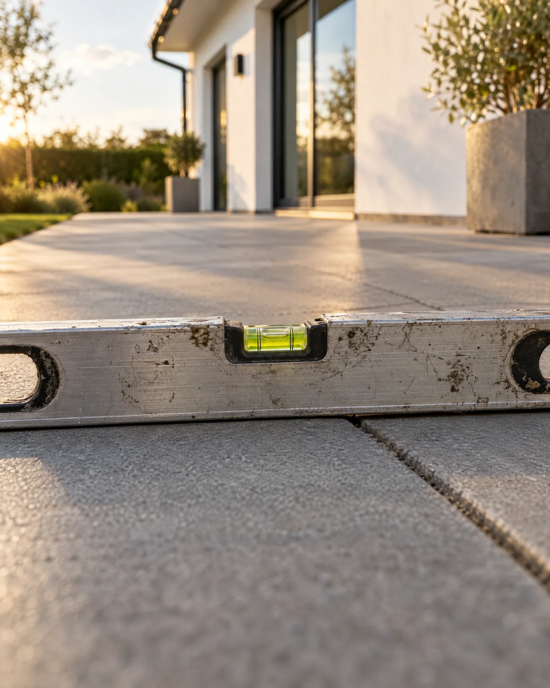 Wasserwaage auf frisch verlegten Terrassenplatten, die Libelle genau mittig