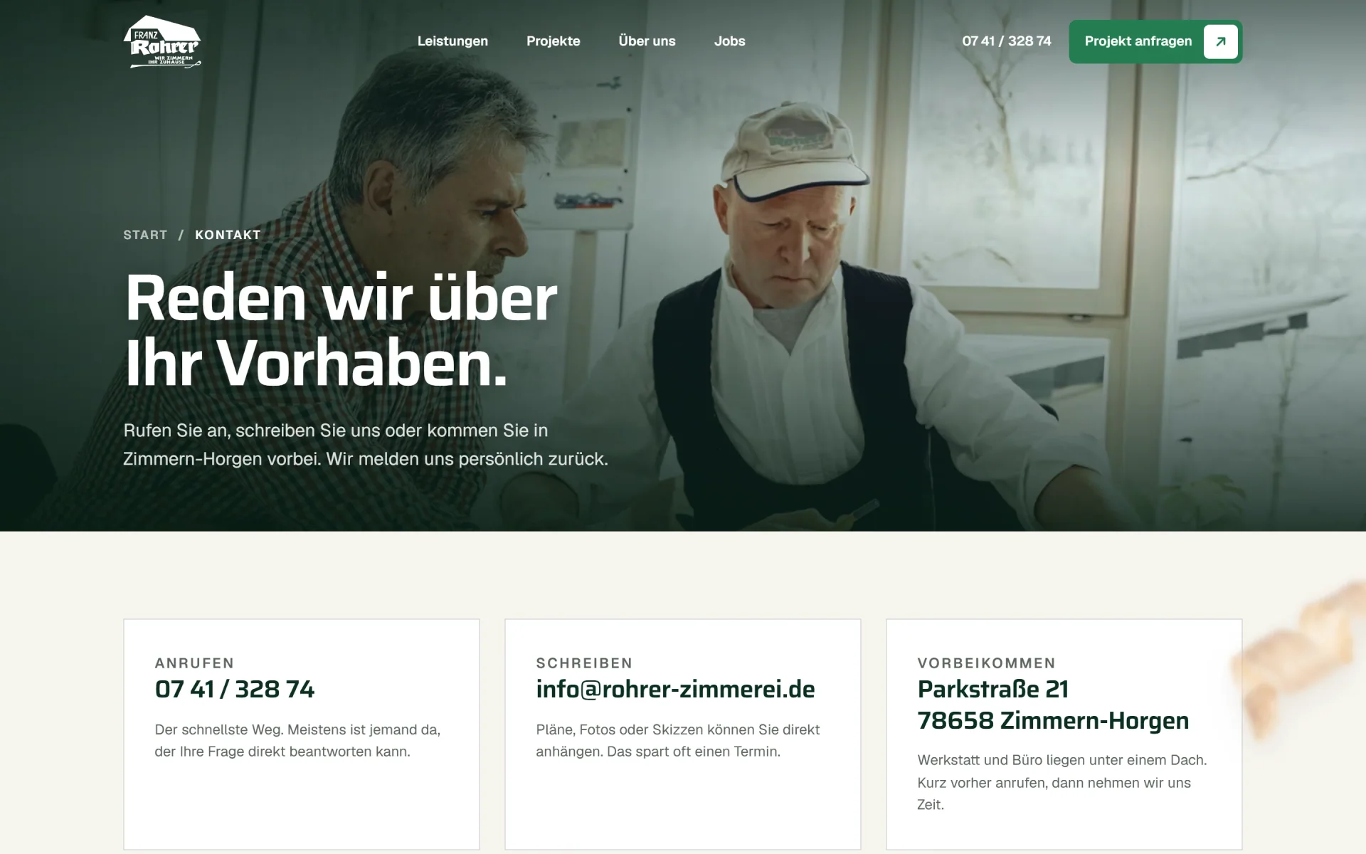 Unterseite Kontakt der Zimmerei Franz Rohrer: „Reden wir über Ihr Vorhaben."