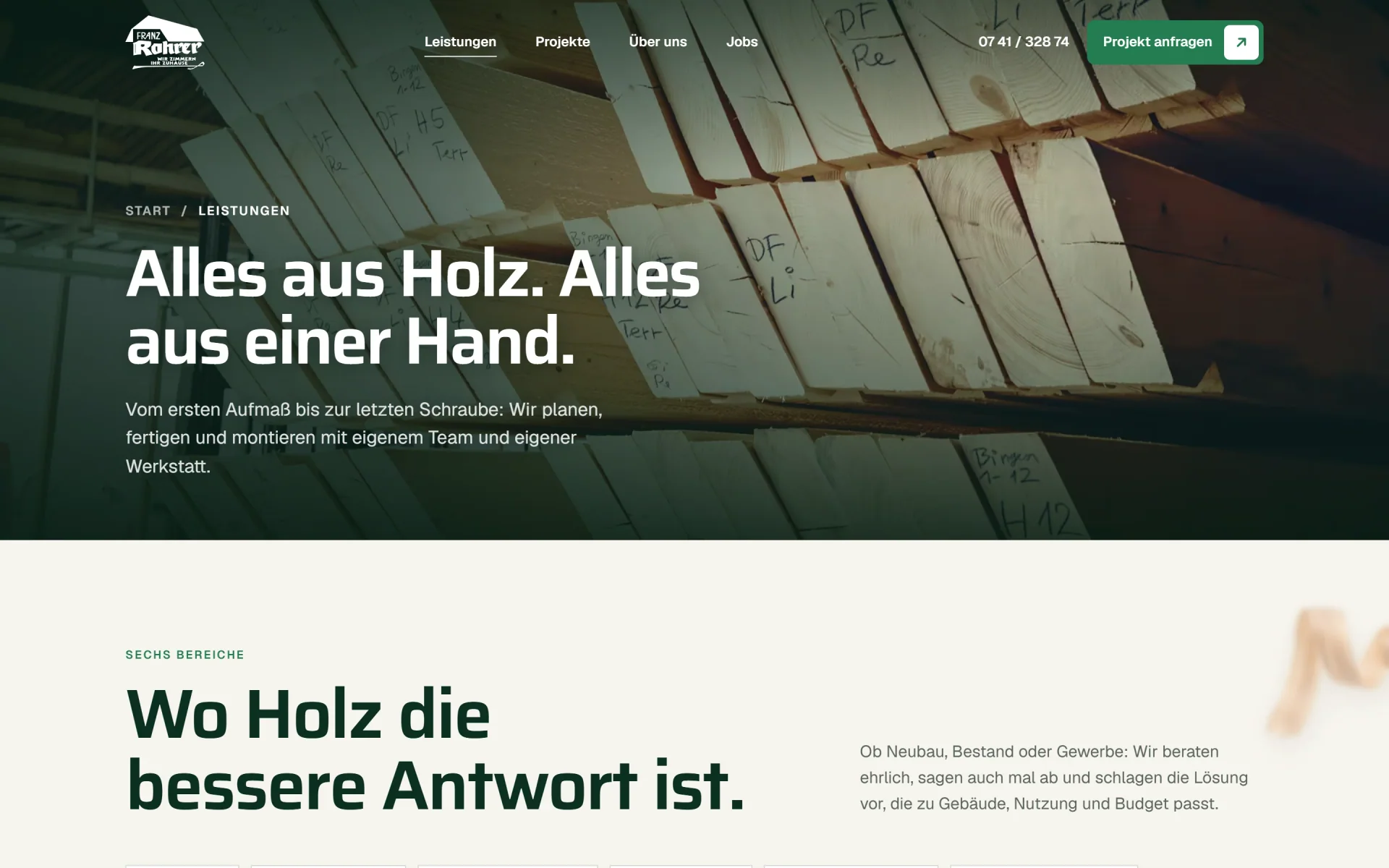 Unterseite Leistungen der Zimmerei Franz Rohrer: „Alles aus Holz. Alles aus einer Hand."