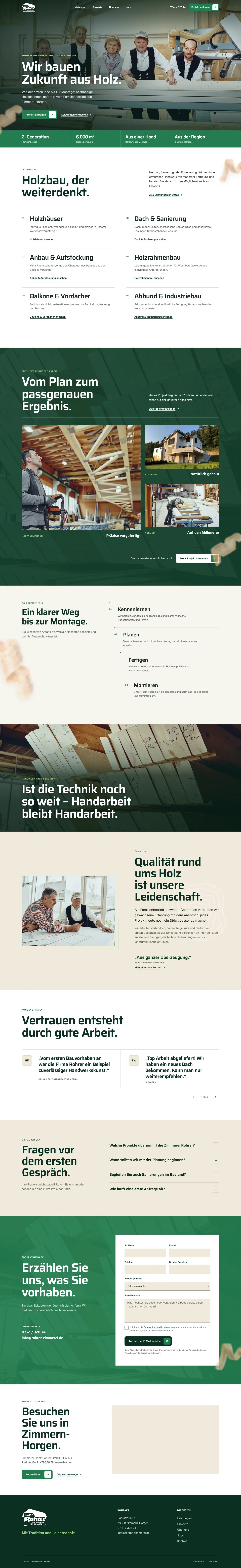 Die vollständige Startseite der Zimmerei Franz Rohrer: Hero, Leistungen, Projekte, Ablauf, Werkstatt, Über uns, Kundenstimmen, Fragen, Anfrage, Standort und Abschluss