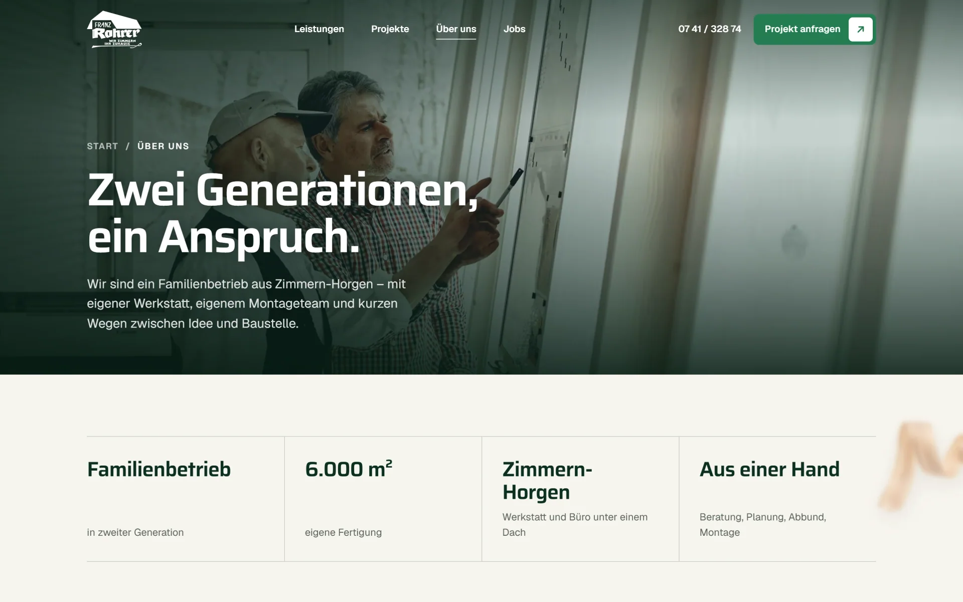 Unterseite Über uns der Zimmerei Franz Rohrer: „Zwei Generationen, ein Anspruch."