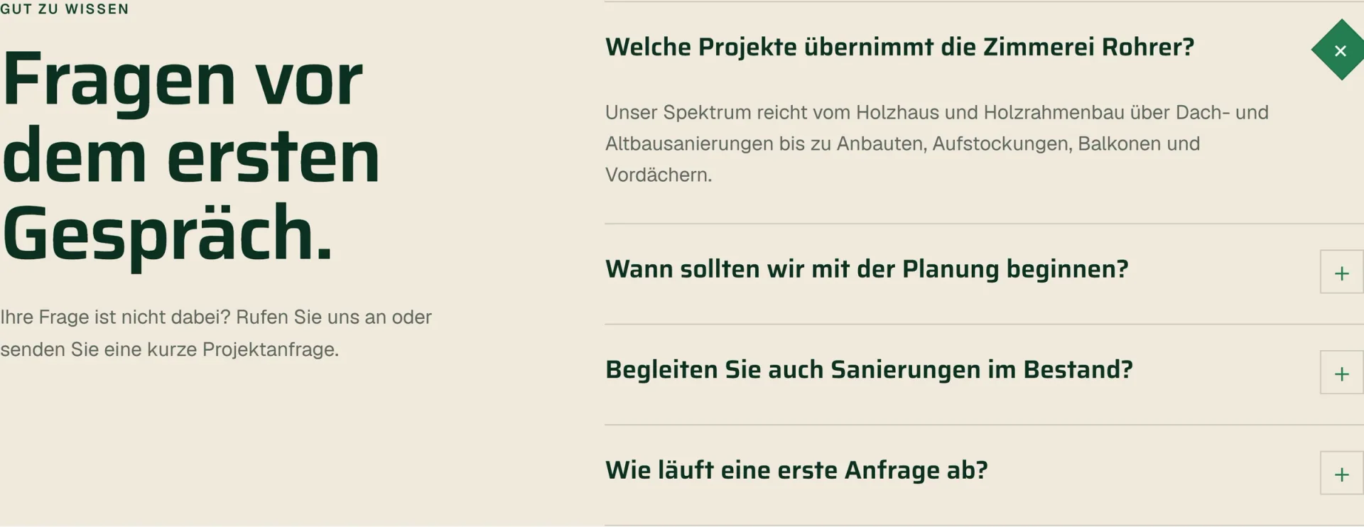 Fragenbereich der Website mit einer geöffneten Frage