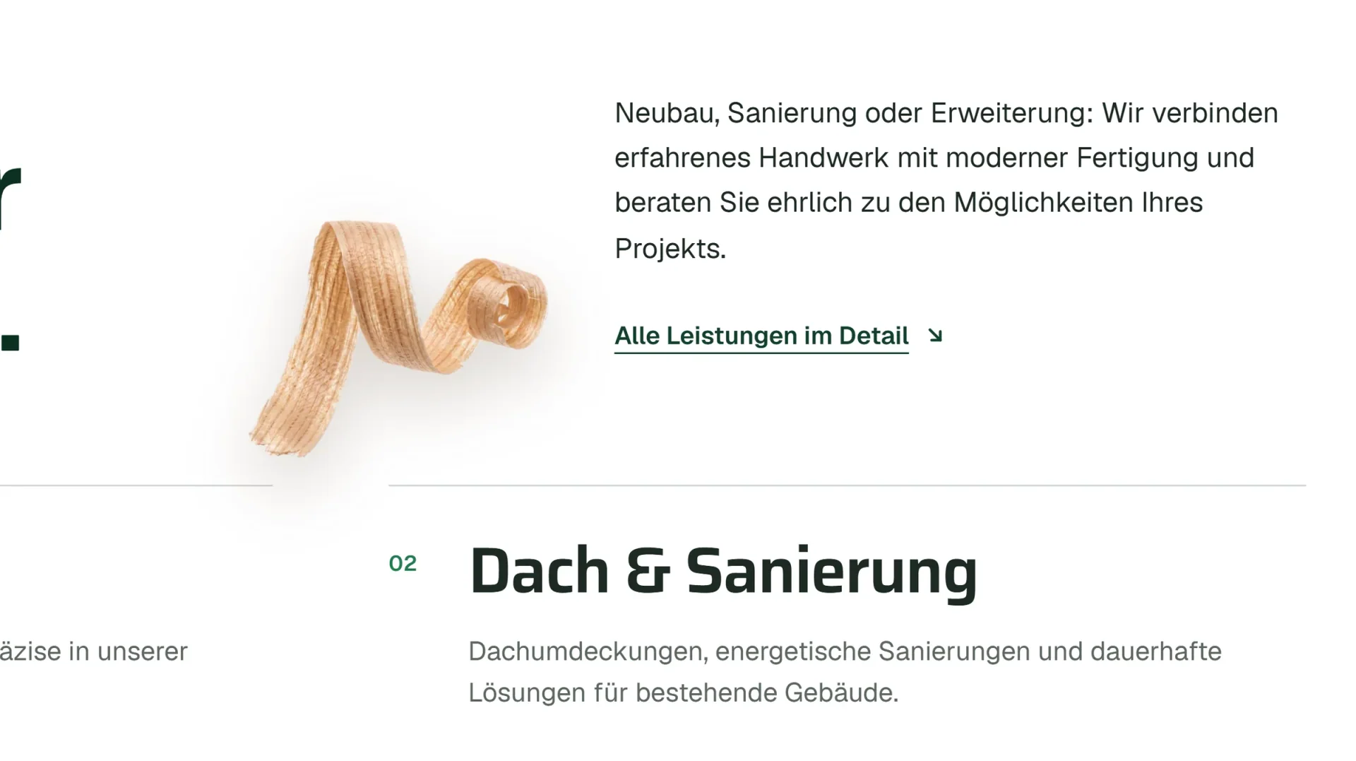 Ein Holzspan, mit der Maus angehoben, über dem Leistungsbereich der Website