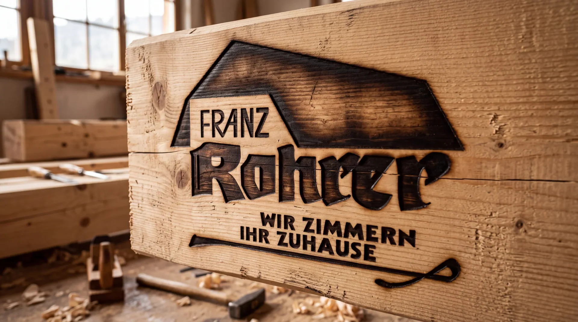 Logo der Zimmerei Franz Rohrer, in ein Holzbrett eingebrannt — KI-generierte Visualisierung