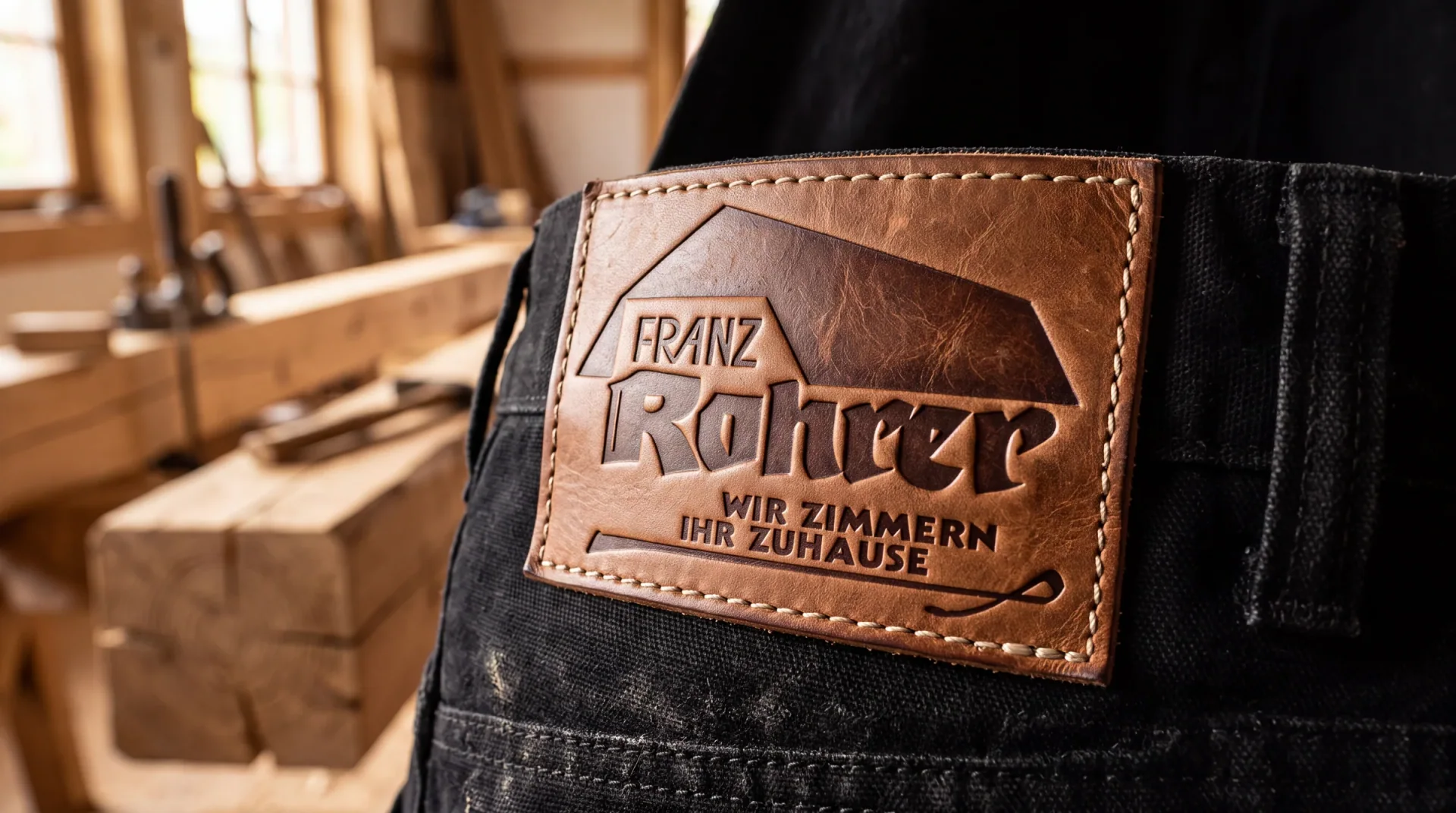 Lederpatch mit geprägtem Logo an einer Arbeitshose — KI-generierte Visualisierung