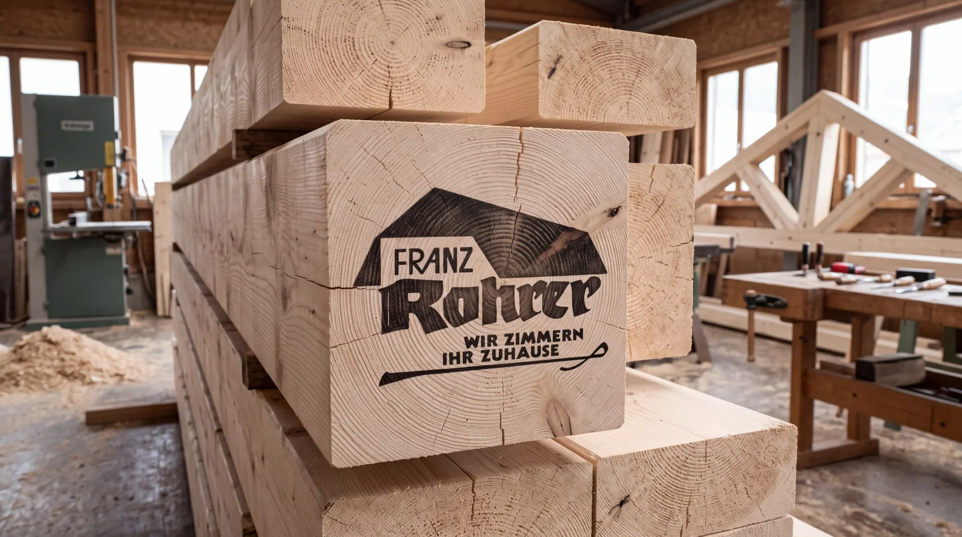 Logo als Stempel auf dem Hirnholz eines Balkens — KI-generierte Visualisierung