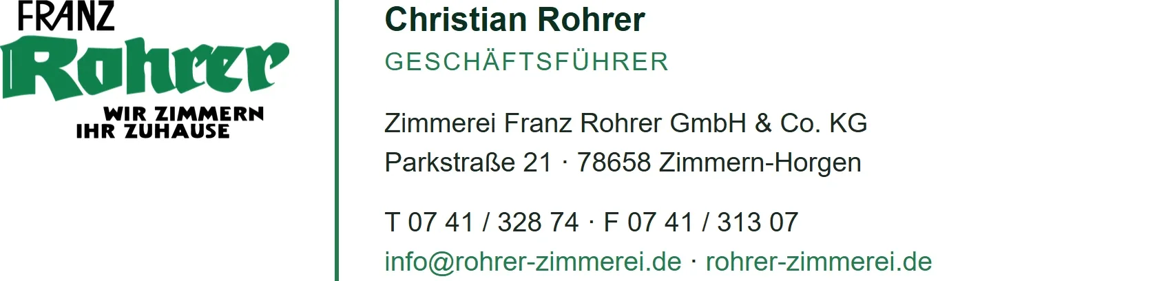 E-Mail-Signatur von Christian Rohrer mit Wortmarke, grüner Linie und Kontaktdaten