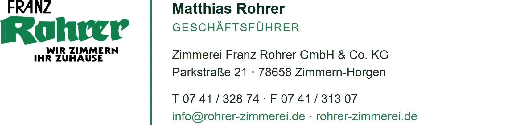 E-Mail-Signatur von Matthias Rohrer mit Wortmarke, grüner Linie und Kontaktdaten