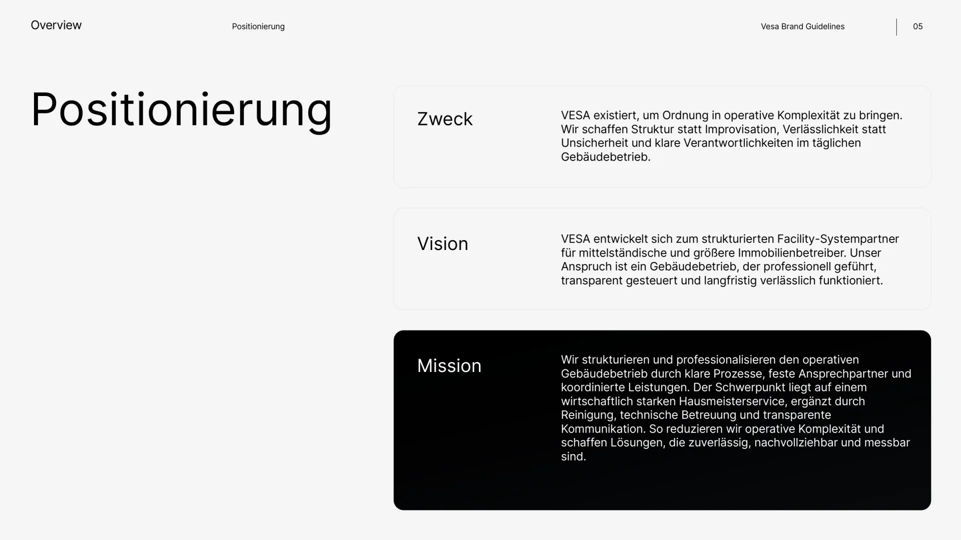 Markenhandbuch VESA Services, Seite 5: Positionierung