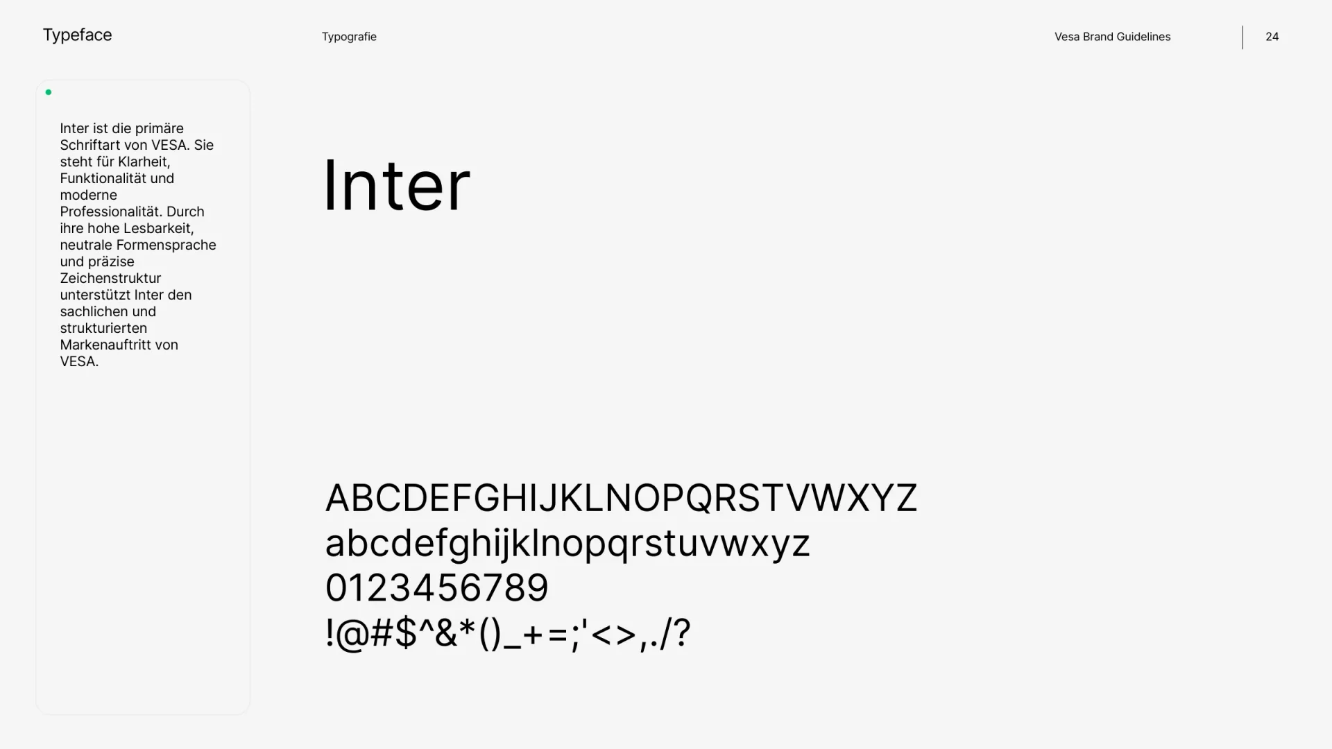 Seite Typografie aus dem Markenhandbuch von VESA Services mit der Schrift Inter