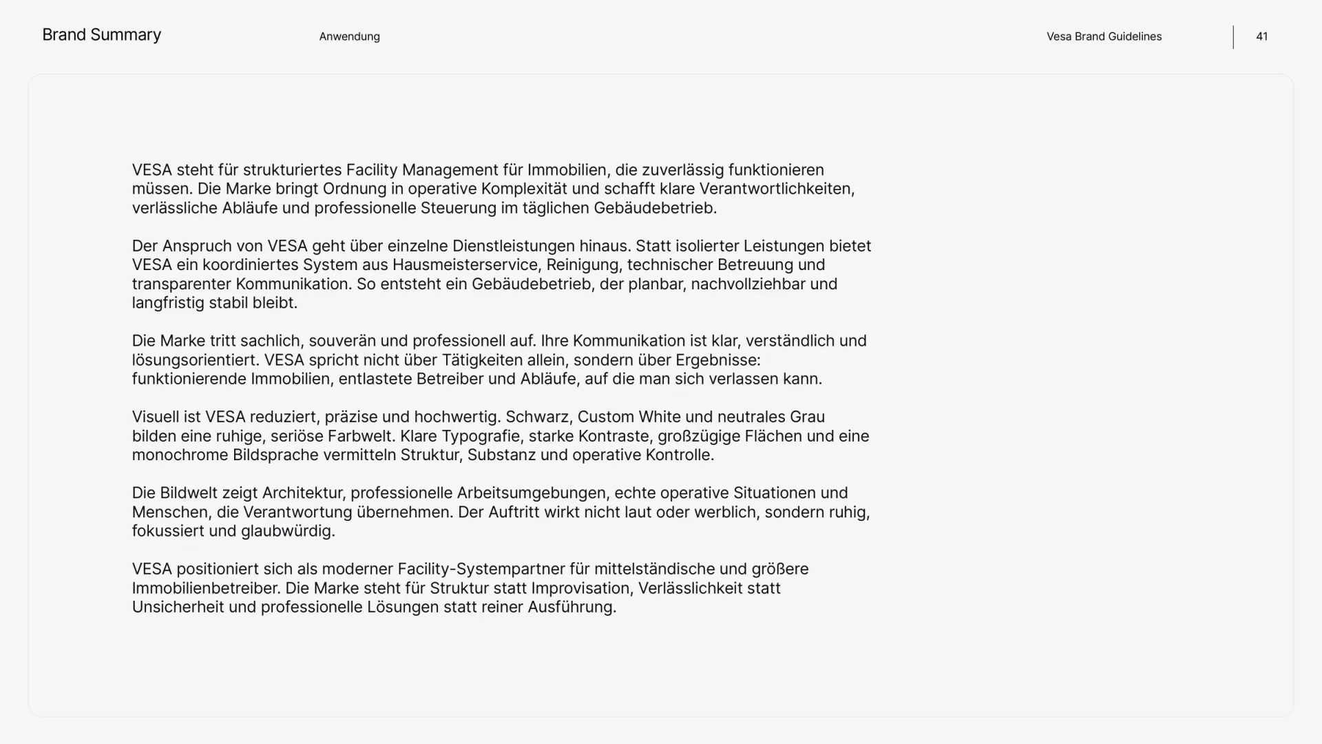 Markenhandbuch VESA Services, Seite 41: Zusammenfassung