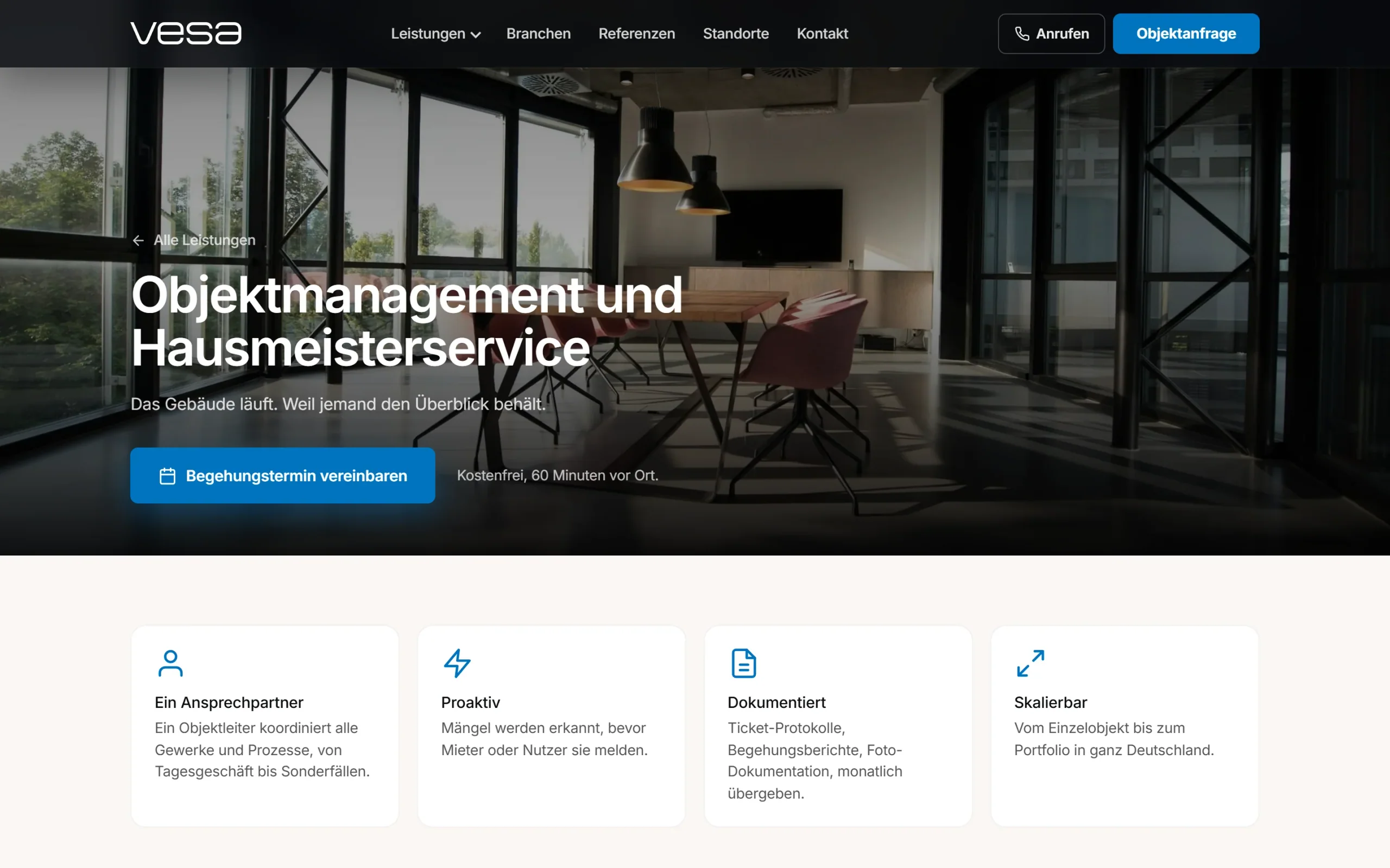 Leistungsseite Objektmanagement und Hausmeisterservice auf vesa-services.de
