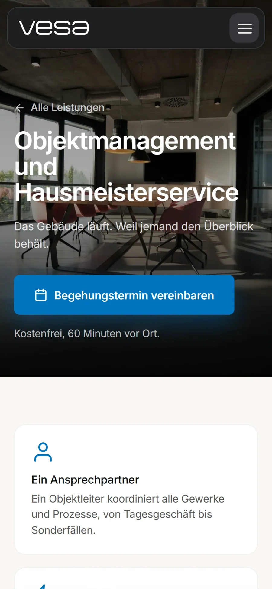 Leistungsseite Objektmanagement auf dem Smartphone