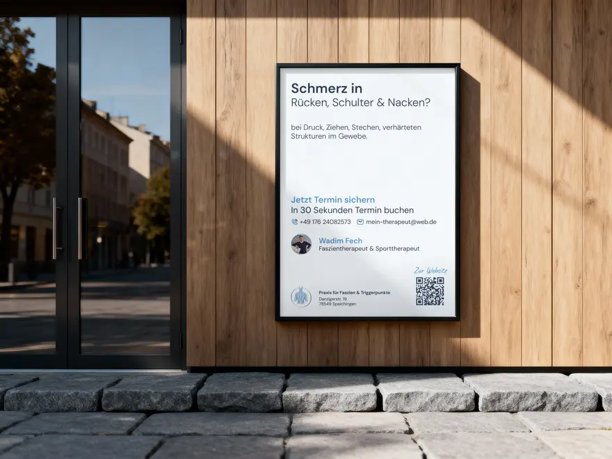 Werbeplakat der Praxis an einer Holzfassade